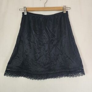 Half Slip Vintage Made in USA Med Black Nylon Silky Lace Bottom Dark Romantic